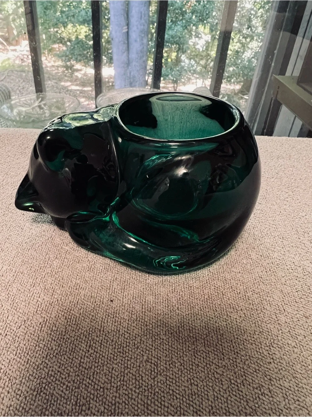 Indiana Glass VTG Emerald Green Sleeping Cat Votive Candle Holder Paperweight